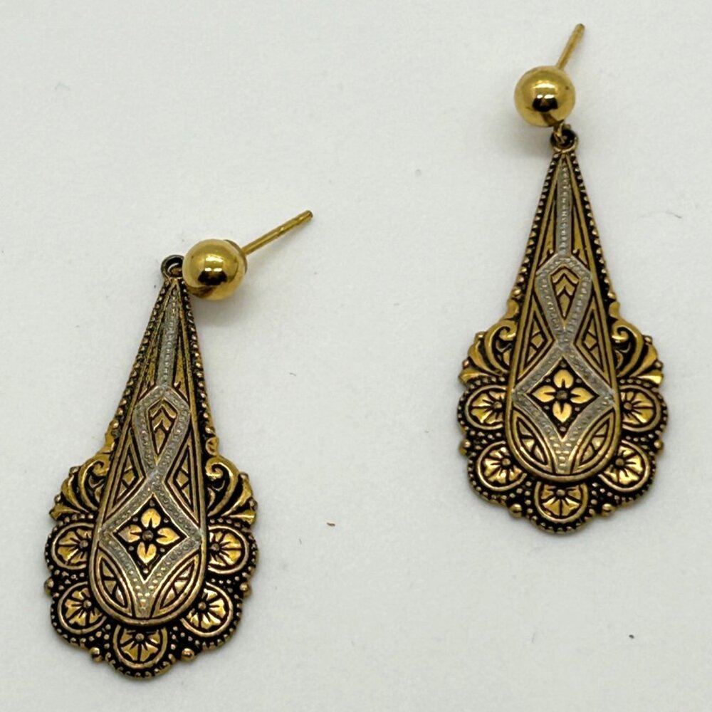 Vintage Damascene Teardrop Dangle Earrings Gold-Tone Silver-Tone Inlay Retro - Picture 2 of 8